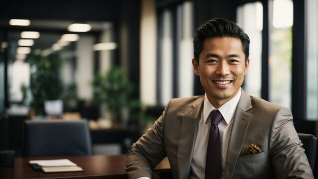 Bellissimo uomo d'affari asiatico, giapponese, in ufficio con vestito elegante, giacca e cravatta