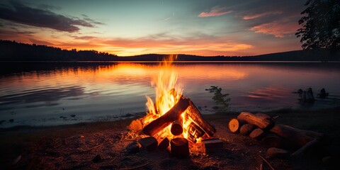 Glowing campfire by the lake. Sunset with open flames, fire, and logs. Camping on the beach at night. Serene lake landscape | Generative AI