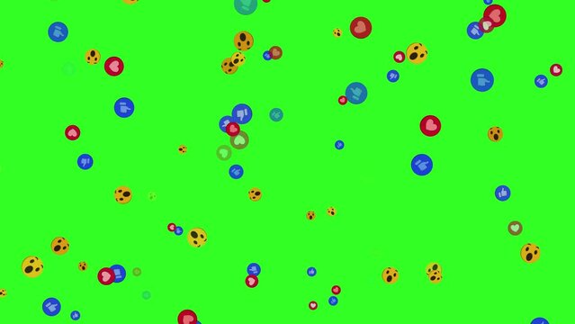animation of social media icons falling on green background, green screen