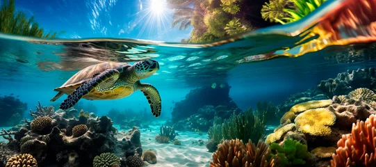 Fotobehang panorama of green Sea Turtle swimming near the shore on a sunny day. Chelonia mydas © xavier gallego morel