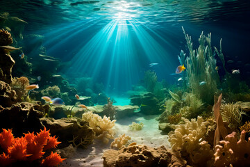  underwater sea world background with coral reef and sunlight