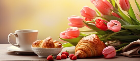 Mother s day celebration with breakfast coffee croissants strawberries tulips - obrazy, fototapety, plakaty