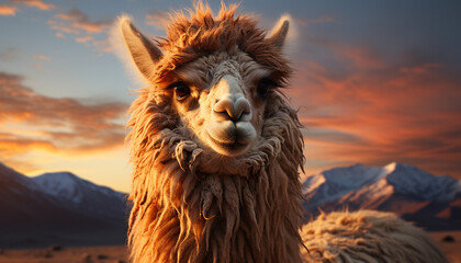 A majestic alpaca gazes at the sunset in the mountains generated by AI