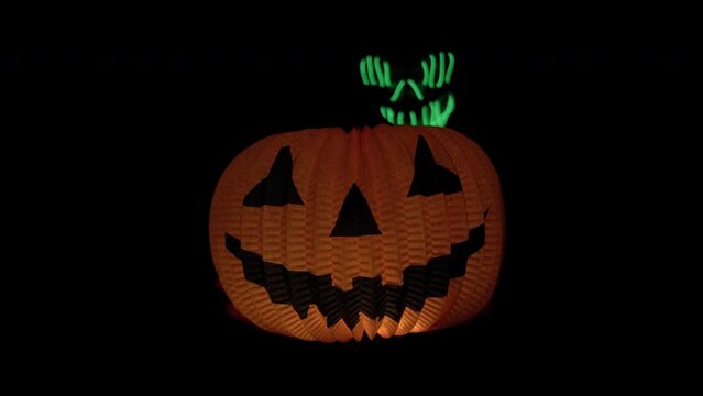 Flying scary neon mask glows in the dark with Doll pumpkin made of paper glows in the dark. Full moon and Halloween concept. Day of The Dead.