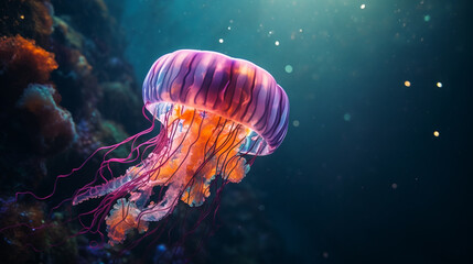 a jellyfish floating in a blue sea, in the style of light maroon and orange