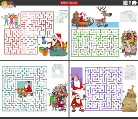 maze activities set with cartoon Santa Claus and people on Christmas time