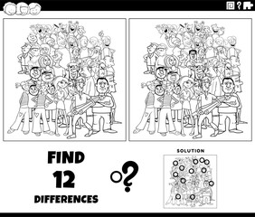 differences game with cartoon people crowd coloring page