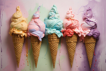 5 Colorful ice cream cones isolated on copy space minimalist background, ice cream cone variations,...