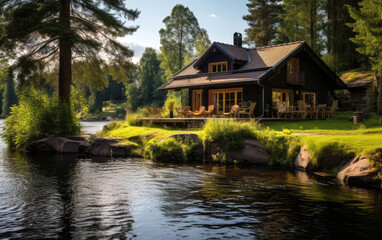 Fototapeta premium A house by the river with sauna. Generative AI