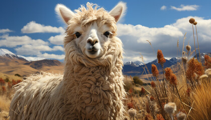 A cute alpaca grazes on a mountain meadow, fluffy and adorable generated by AI