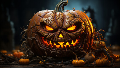Spooky pumpkin lantern glows in the dark autumn night generated by AI