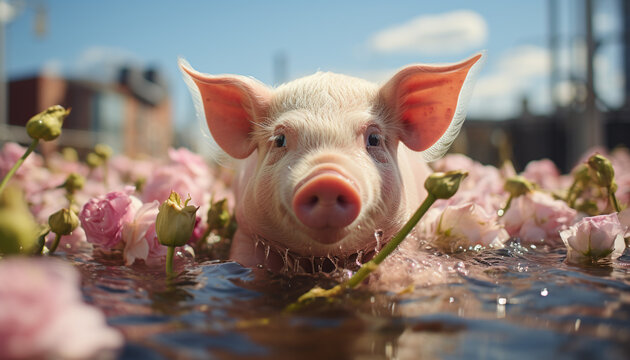 A cute pink piglet grazes on fresh green meadow generated by AI