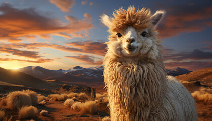Obraz premium A fluffy alpaca grazes in the meadow, bathed in sunset generated by AI