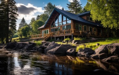 Fototapeta na wymiar A house by the river with sauna. Generative AI