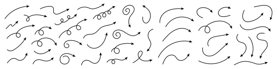 Curved arrows. Set of vector hand drawn zigzag arrows. Collection of pointers. Vector illustration.