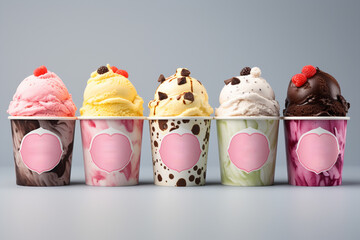 Different Ice cream flavors in paper cups isolated on copy space minimal background, Ice cream cups in a row, refreshment dessert wallpaper Concept, Ice cream cup collection - obrazy, fototapety, plakaty