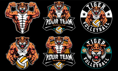 tiger mascot volleyball club Logo design with a combination of a tiger head mascot and half a body. set of logo combinations