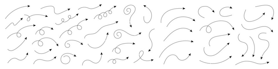 Thin curved dotted arrow. Zigzag arrow stripes design with dotted lines. Thin arrows. Vector illustration.