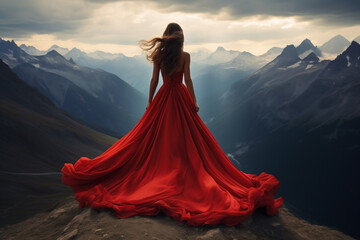 Woman in red dress on the top of mountains. Freedom and achievements concept. AI Generative.
