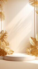 Empty podium or pedestal mockup for product among tropical leaves and sun rays. Monochrome golden beige