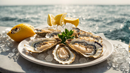 Fresh oysters with ice and lemon on a plate, glasses of champagne on a background of the sea - obrazy, fototapety, plakaty