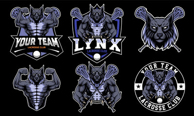 lynx mascot lacrosse club Logo design with a mascot combination of a lynx head and half a body. set of logo combinations