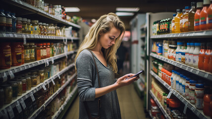 A woman at the grocery store checks her shopping list on her smartphone. Generative AI