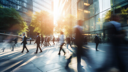 Blurred people walking the corporate area street . Generative AI - obrazy, fototapety, plakaty