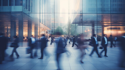 Obraz premium Blurred people walking the corporate area street . Generative AI