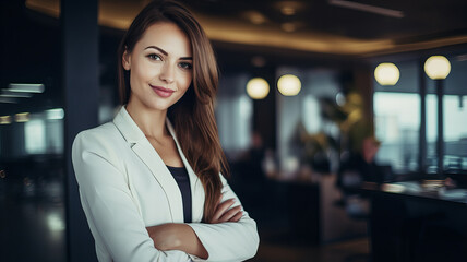 A young, smiling, confident businesswoman standing in a corporate office. Generative AI