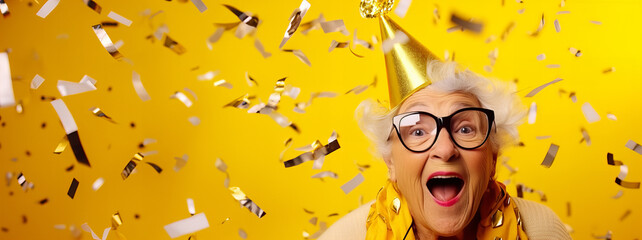 Cheerful grandmother celebrating the New Year, 2024 copy space. Generative AI - obrazy, fototapety, plakaty