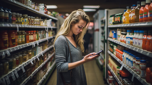 A Woman At The Grocery Store Checks Her Shopping List On Her Smartphone. Generative AI