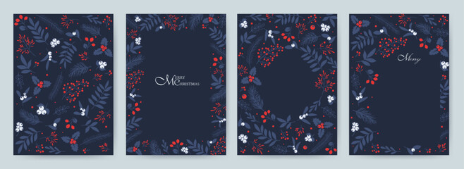 Vertical holiday cards in blue tones. Merry Christmas, holiday templates with ornate Christmas ornament, floral background. Suitable for fabric, cards, invitations, background, menu. - obrazy, fototapety, plakaty