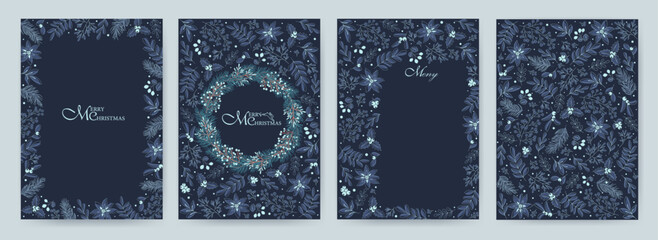 Vertical holiday cards in blue tones. Christmas, holiday templates with ornate Christmas ornament, floral background, wreath of pine branches.