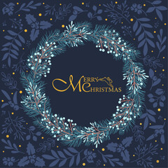 Square holiday card on a blue and gold colors. Christmas, holiday template with ornate Christmas ornament, a wreath of pine branches.
