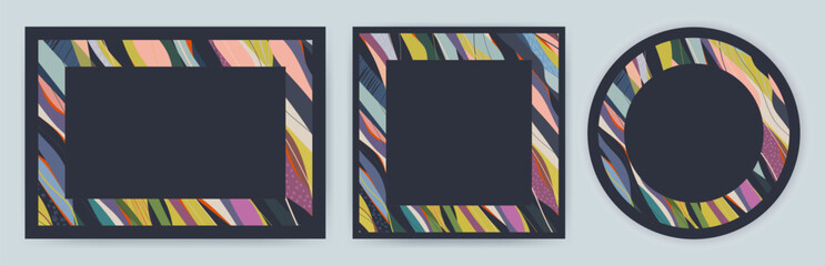 A set of frames for cards in dark blue and colorful. Suitable for postcards, invitations, backgrounds, menus, box.