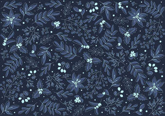 Square seamless Christmas pattern on a blue background. Christmas, holiday templates, ornate Christmas ornament, floral background. Suitable for fabric, cards, invitations, background.