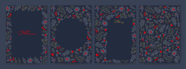 Vertical holiday cards in blue tones with gold. Christmas, holiday templates with decorative Christmas ornament, floral background.