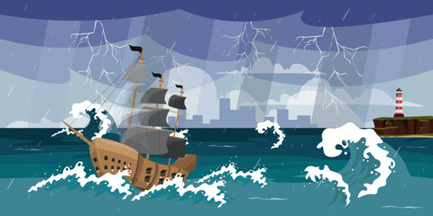 Vector illustration of a beautiful seascape with a storm. Cartoon landscape with a pirate ship among waves at sea with lightning, rain, an island with a lighthouse, silhouettes of an ancient city.