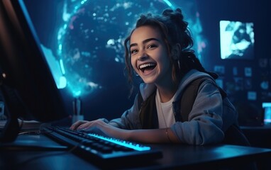 Smiling teenager girl is typing on desktop computer keyboard. Generative AI