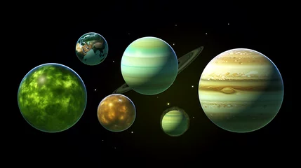 Fototapeten different planets in green colour like Mercurius, Venus, Aarde, Mars, Jupiter, Saturnus, Uranus and Neptunus in animated style hd © simo