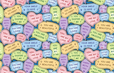 Seamless pattern with colorfull speech bubbles. Cute stickers with motivational compliment phrases, love quotes. Vector illustration for wrapping paper, decor, cards, backgrounds. Print design textile - obrazy, fototapety, plakaty