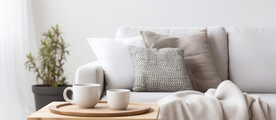 A cup on a wooden coffee table with colorful pillows on a gray sofa in a bright living room