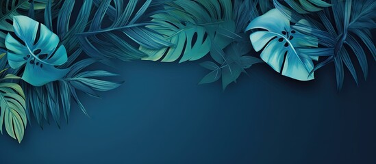 Design featuring tropical leaves on a blue background for various purposes like wallpaper photo wallpaper mural and cards - obrazy, fototapety, plakaty