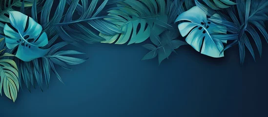 Fotobehang Design featuring tropical leaves on a blue background for various purposes like wallpaper photo wallpaper mural and cards © TheWaterMeloonProjec