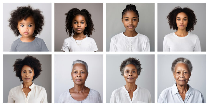 collage of black racial female portraits of different ages, made with generative AI