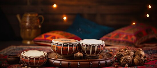 Tabla an Indian musical instrument in the chill out interior - obrazy, fototapety, plakaty