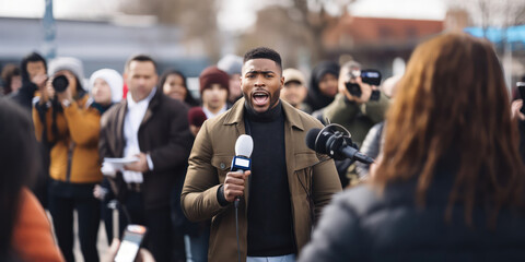 man public black speaker giving speech for tv camera or breaking news reporter covering live event for news media and television press headlines standing in the middle of the street holding microphone - obrazy, fototapety, plakaty