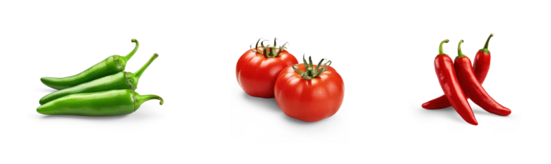 Gordijnen collection of organic red tomatoes and green chili pepper vegetable isolated on transparent png background with shadows, for online menu shopping list ready for any background © sizsus