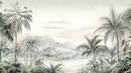 Rolgordijnen Tropical Exotic Landscape Wallpaper. Hand Drawn Design. Luxury Wall Mural © Fatih